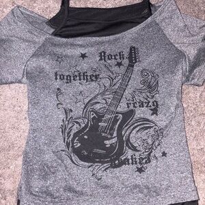Gray Rock Guitar grunge off the shoulder top